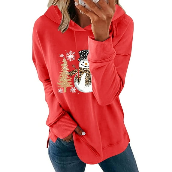 Christmas Hoodie for Women Long Sleeve Graphic Print Holiday Pullover Shirts with Pocket Red-7 L