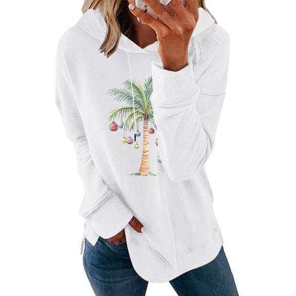 Christmas Hoodie for Women Long Sleeve Graphic Print Holiday Pullover Shirts with Pocket White XL