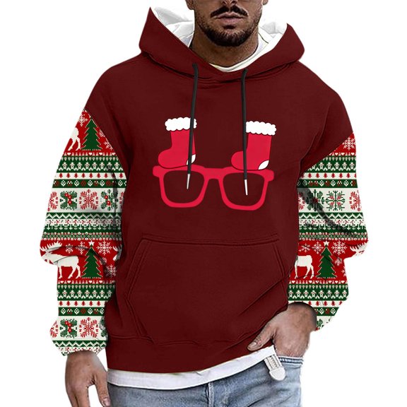 Christmas Hoodies For Men Drawstring Xmas Print Patchwork Pullover Tops Casual Funny Holiday Sweatshirts With Pocket (L, Wine-C)