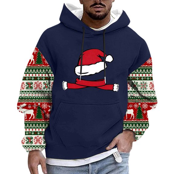 Christmas Hoodies For Men Drawstring Xmas Print Patchwork Pullover Tops Casual Funny Holiday Sweatshirts With Pocket (S, Blue-D)