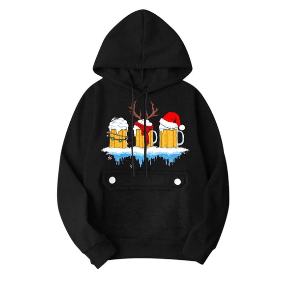 Christmas Hoodies for Women Casual Drawstring Three Xmas Beer Mugs Graphic Sweatshirts Long Sleeve Fleece Lined Pullover Tops with Kangaroo Pocket Loose Fit Holiday Party Outfits