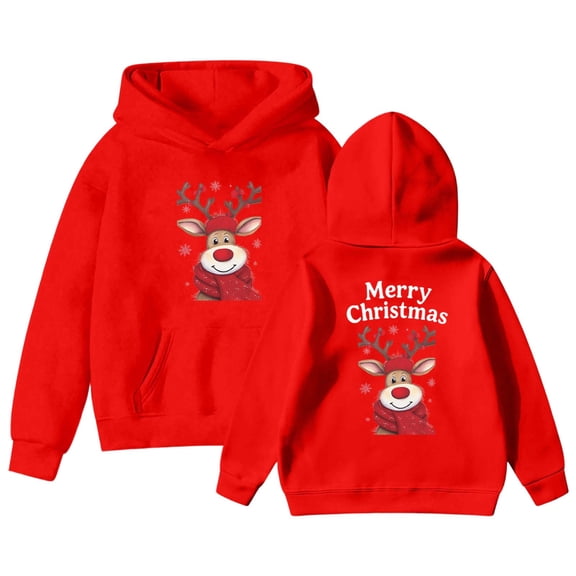 Christmas Hoodies for Boys & Girls Long Sleeve Elk Print Pullover Hoodies (Watermelon Red 11-12 Years)
