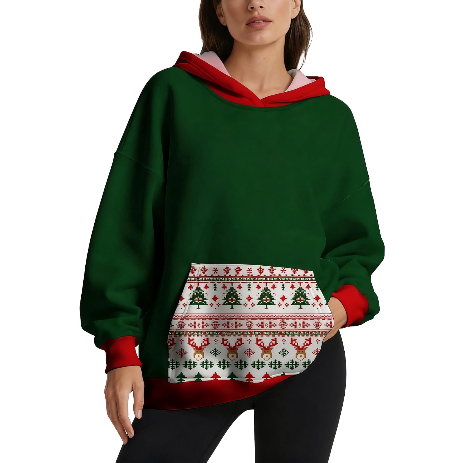 Heloto Women's Christmas Pink Sweatshirt – Santa & Tree Graphic, Fleece, Loose Fit (Large) - View #2