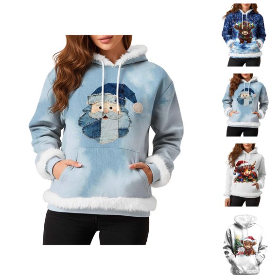 Christmas Hoodies for Women 2025 Long Sleeve Trim Cute Highland Cow Graphic Hooded Sweatshirt with Pockets Pullover Top