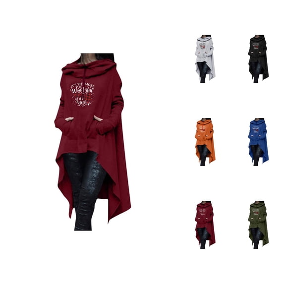 Christmas Hoodies for Women 2025 Long Sleeve Irregular Hem Xmas Graphic Hooded Sweatshirt with Pockets Pullover Tops