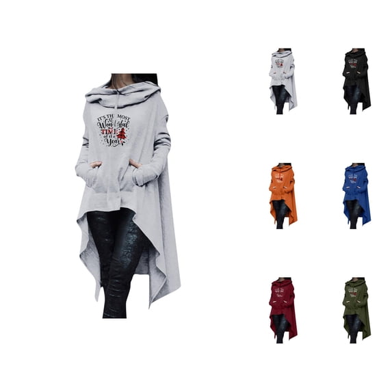 Christmas Hoodies for Women 2025 Long Sleeve Irregular Hem Xmas Graphic Hooded Sweatshirt with Pockets Pullover Tops