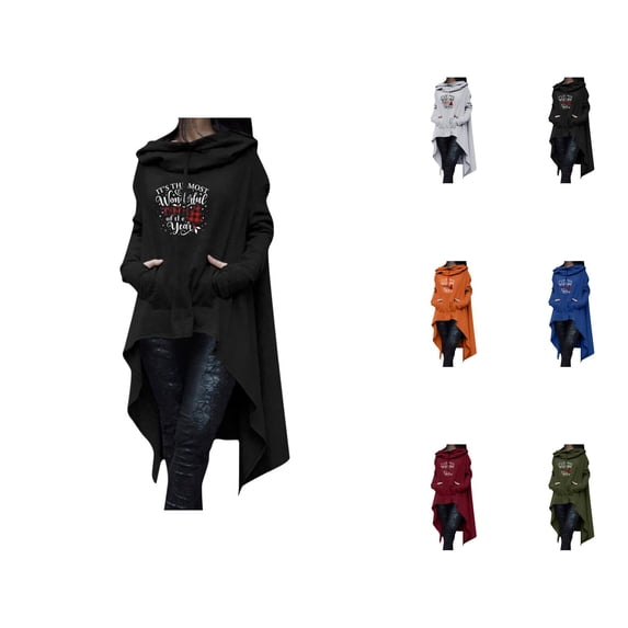 Christmas Hoodies for Women 2025 Long Sleeve Irregular Hem Xmas Graphic Hooded Sweatshirt with Pockets Pullover Tops