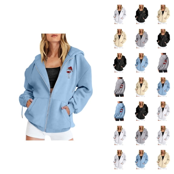 Christmas Hoodies for Women 2025 Long Sleeve Lightweight Zip Up Graphic Hooded Sweatshirt with Pockets Jacket Coat