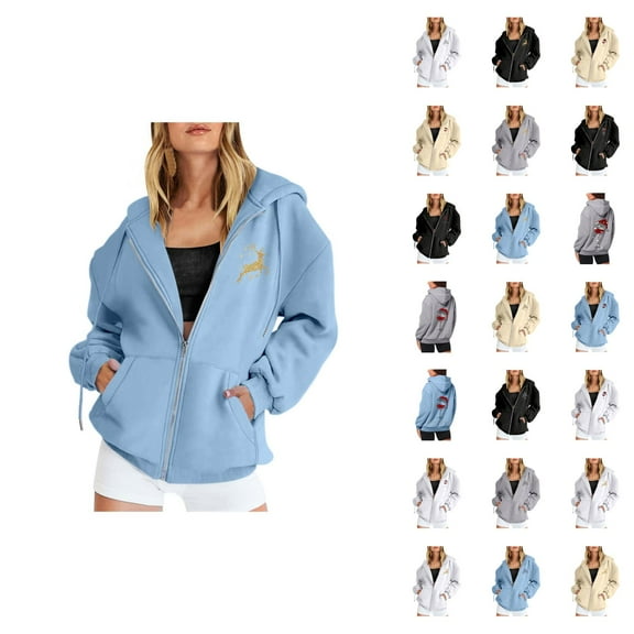 Christmas Hoodies for Women 2025 Long Sleeve Lightweight Zip Up Graphic Hooded Sweatshirt with Pockets Jacket Coat