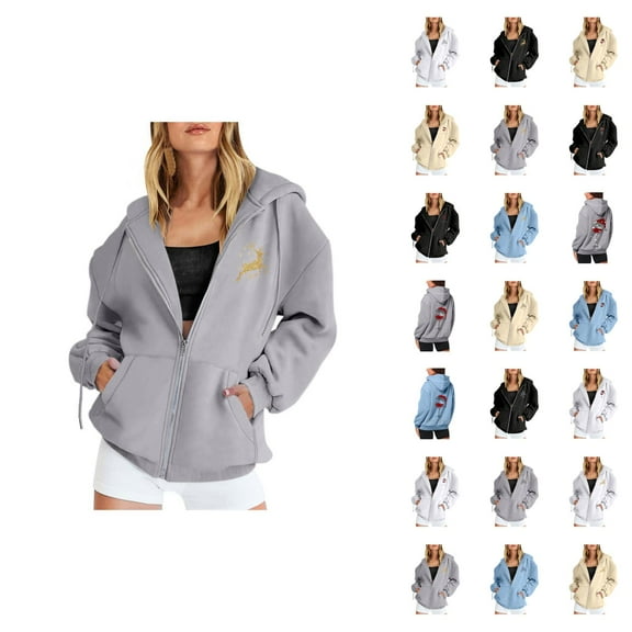 Christmas Hoodies for Women 2025 Long Sleeve Lightweight Zip Up Graphic Hooded Sweatshirt with Pockets Jacket Coat