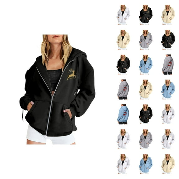 Christmas Hoodies for Women 2025 Long Sleeve Lightweight Zip Up Graphic Hooded Sweatshirt with Pockets Jacket Coat
