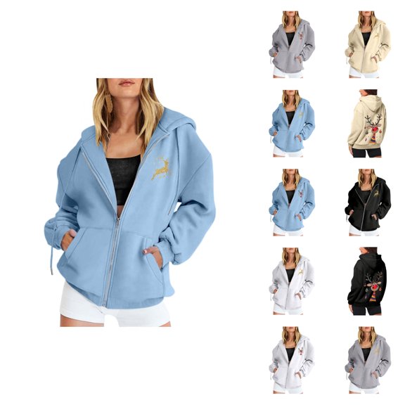 Christmas Hoodies for Women 2025 Long Sleeve Zip Up Graphic Hooded Sweatshirt with Pockets Holiday Jacket Coat