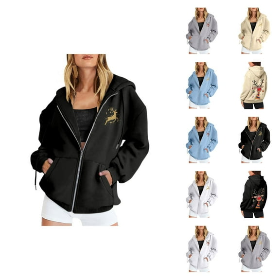 Christmas Hoodies for Women 2025 Long Sleeve Zip Up Graphic Hooded Sweatshirt with Pockets Holiday Jacket Coat