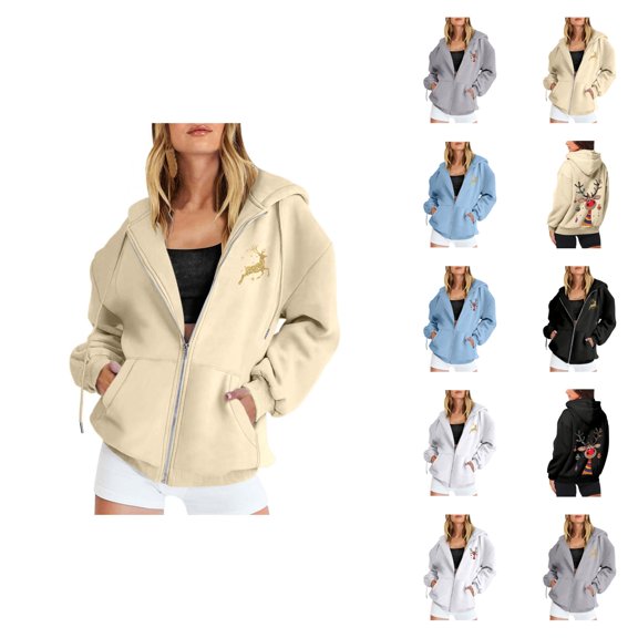 Christmas Hoodies for Women 2025 Long Sleeve Zip Up Graphic Hooded Sweatshirt with Pockets Holiday Jacket Coat