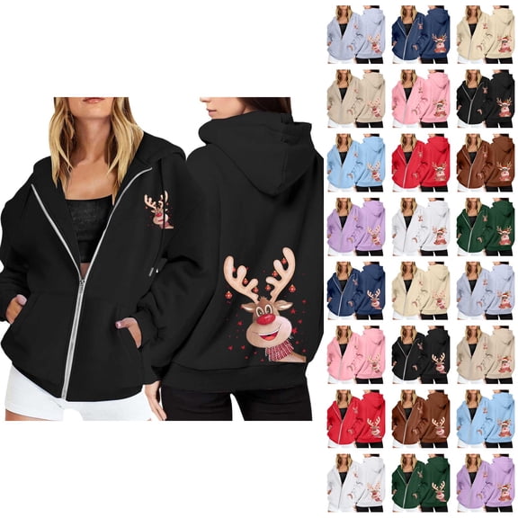 Christmas Hoodies for Women 2025 Long Sleeve Zip Up Reindeer Graphic Hooded Sweatshirt with Pockets Jacket Coat