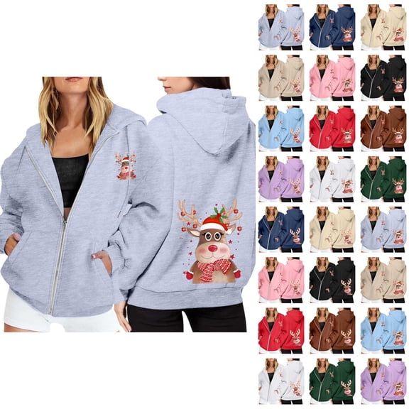 Christmas Hoodies for Women 2025 Long Sleeve Zip Up Reindeer Graphic Hooded Sweatshirt with Pockets Jacket Coat
