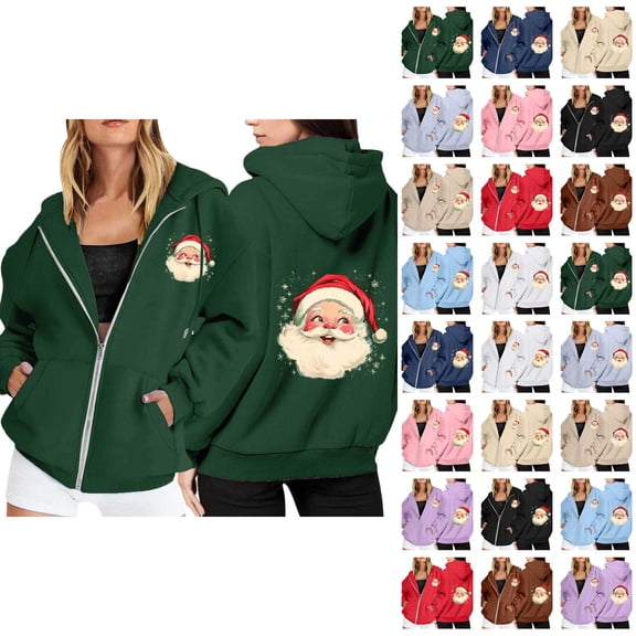 Christmas Hoodies for Women 2025 Long Sleeve Zip Up Santa Claus Graphic Hooded Sweatshirt with Pockets Jacket Coat