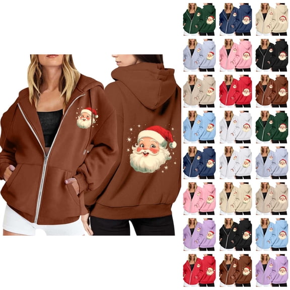 Christmas Hoodies for Women 2025 Long Sleeve Zip Up Santa Claus Graphic Hooded Sweatshirt with Pockets Jacket Coat