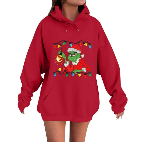 Christmas Hoodies for Women Christmas Tree Print Casual Long Sleeve Xmas Pullover Red Large
