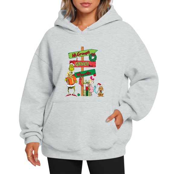 Christmas Hoodies for Women Funny Santa Print Graphic Casual Long Sleeve Hoodie Light Gray XL