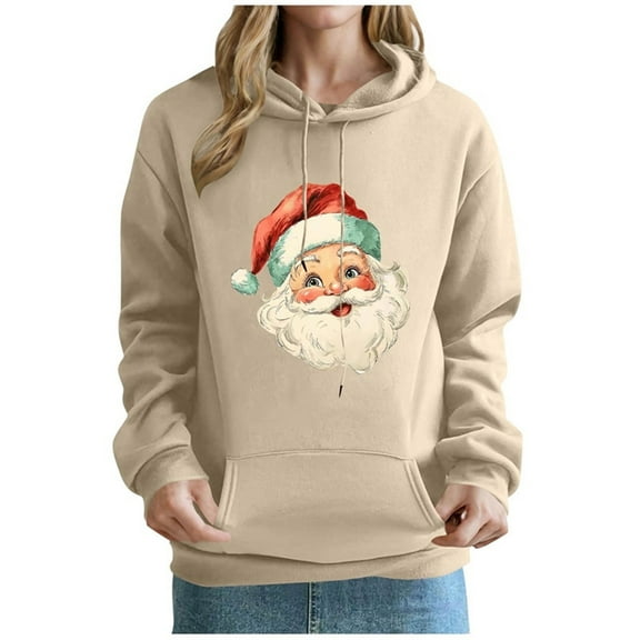 Christmas Hoodies for Women Santa Holiday Graphic Long Sleeve Pullover Sweatshirt with Pocket Khaki S