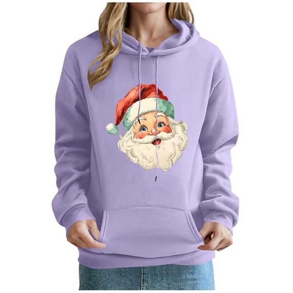 Christmas Hoodies for Women Santa Holiday Graphic Long Sleeve Pullover Sweatshirt with Pocket Purple S