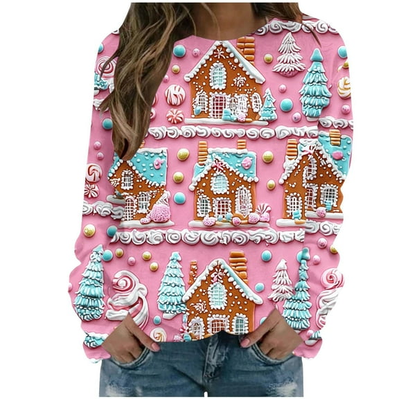 Christmas Hoodies for Women Santa Holiday Graphic Long Sleeve Pullover Top with Pocket Pink S
