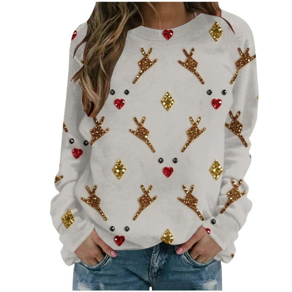 Christmas Hoodies for Women Santa Holiday Graphic Long Sleeve Pullover Top with Pocket White M