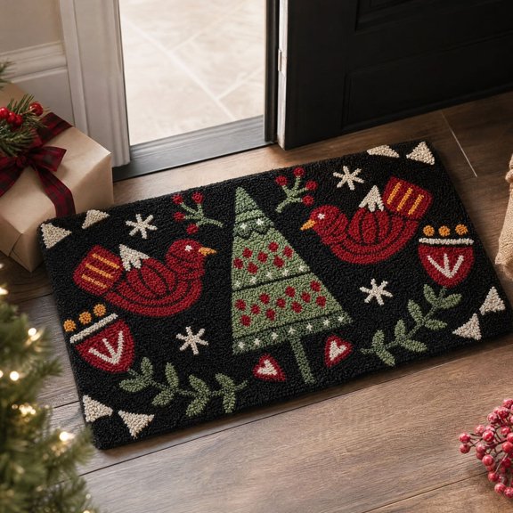 Christmas Hooked Accent Rug, Festive Tufted Decorative Floor Mat for Entryway Bathroom Living Room
