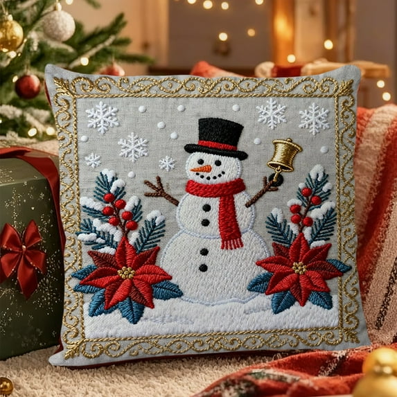 Christmas Hooked Pillow Cover, Christmas Snowman Sofa Couch Bedroom Cushion Cover, Golden Accent Border Christmas Pillowcase, Red Poinsettia Pine Redberry Decorative Pillow case, Village Embroidered