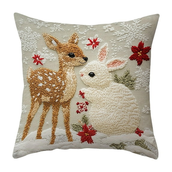 Christmas Hooked Pillow Cover, Elk Rabbit Pillowcase, Handmade Bunny Embroidered Cushion, Sofa Couch Bedroom Cushion Cover, with Poinsettia