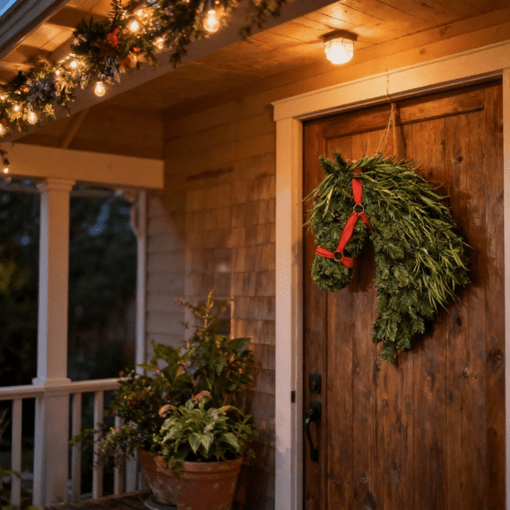 Christmas Horse Door Cover 33x42 cm Holiday Front Porch Door Banners Decoration Pine Mane Bow Saddle Background Hanging Doors Banner for Indoor Outdoor Winter Farmhouse Party Decor