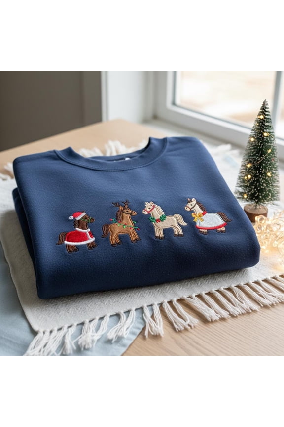 Christmas Horse Embroidered Sweatshirt, Horse Lover Gift, Farm Animal Crewneck, Xmas Winter Horse Shirt, Horse Rider Sweater
