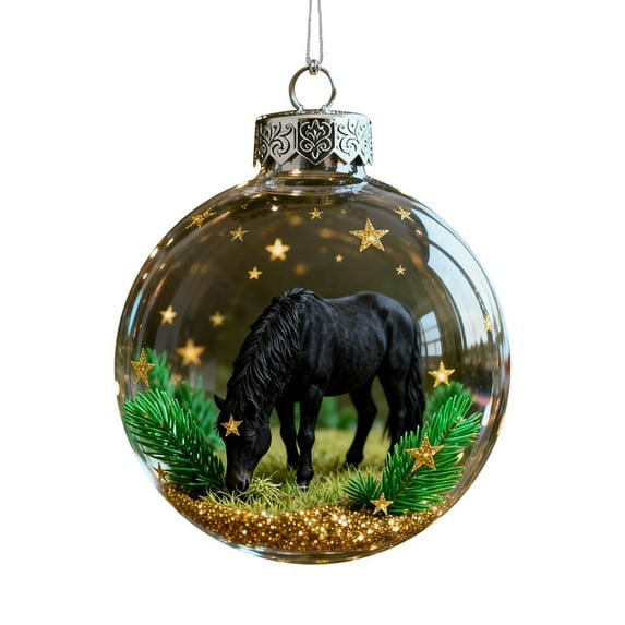 Christmas Horse Glass Ornament, Clear Glass Christmas Year of the Horse Ornament for Room and Tree Decor, Hand Blown Animal 3D Christmas Hanging Ornament, Horse Lover Riders Gifts Ornaments, Black