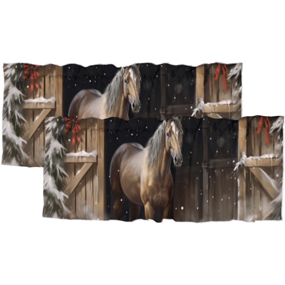 Christmas Horse Kitchen Valance Farmhouse Animal Barn Door Winter Holiday Energy Efficient Valance for Windows Rod Pocket Room Darkening 54x18inch(2Pcs)