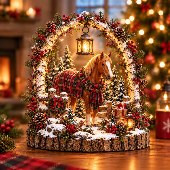 Christmas Horse Lantern Scene CozyWinter Farmhouse Table Decor with Arch Garland and Lantern Accent, Cozy Rustic Table Ornament for Christmas Home Decor and Holiday Gift
