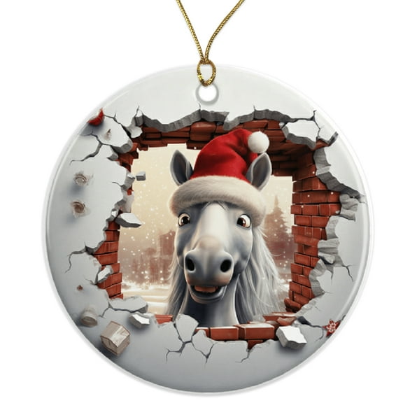 Christmas Horse Ornament - Funny Santa Horse - Holiday White Horse Ornament - Cute Animal Decorations - Unique Gift Idea Ceramic Ornament - 3 Inch Christmas Tree Round Ornament ORNW0154