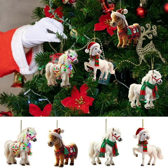 Christmas Horse Ornaments Christmas Tree Hanging Decorations Wooden Horse Decorations Vintage Animal Hanging Ornaments Western Theme Party Decor for Xmas Tree Home Decor(ABCD)