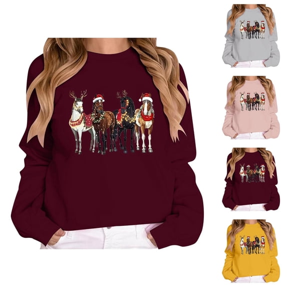 Christmas Horse Sweatshirts for Women 2025 Long Sleeve Crewneck Funny Horse Graphic Xmas Sweatshirt Pullover Tops