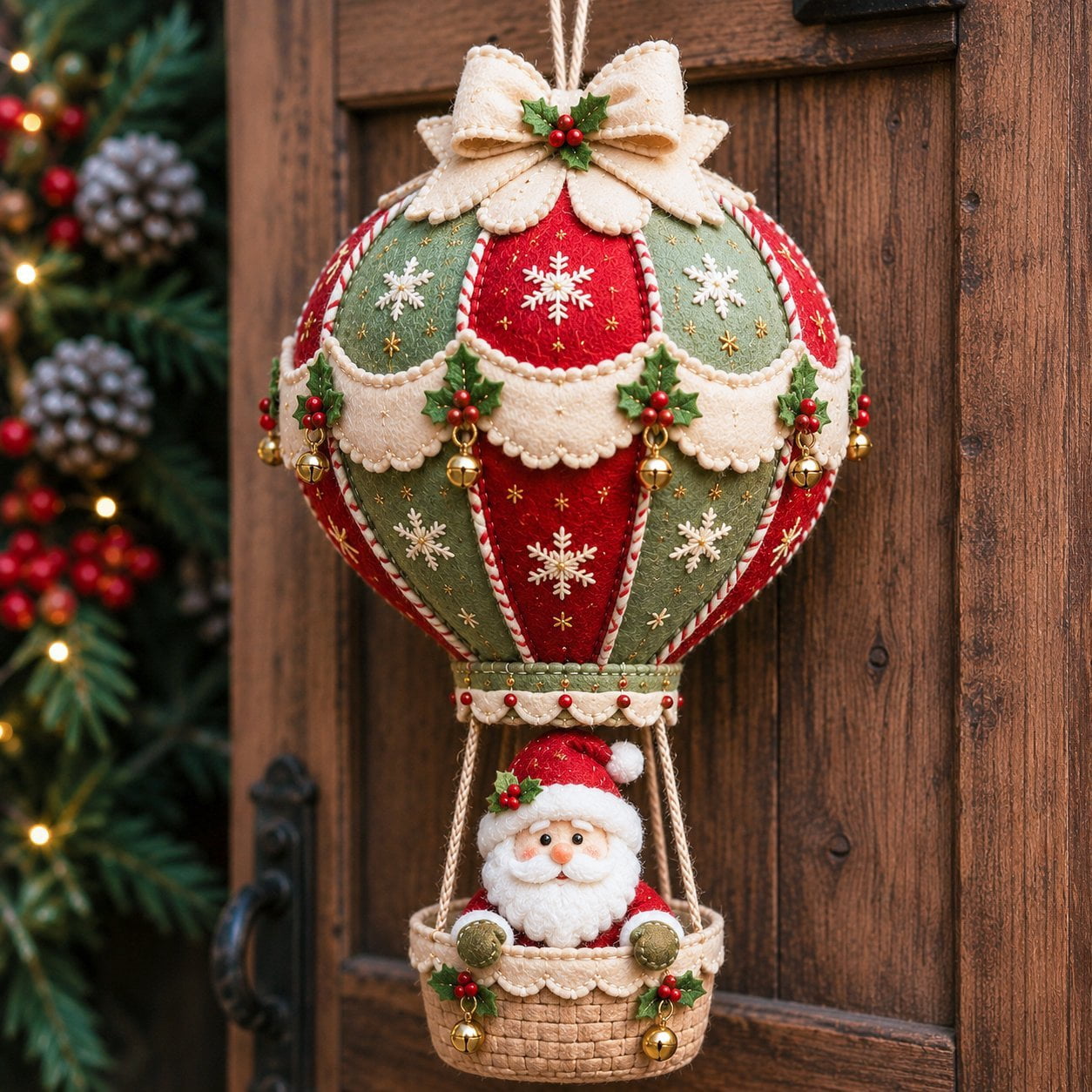 Christmas Hot Air Balloon Hanging DIY Kit, DIY Christmas Hanging Ornament Craft Kit, Festive Santa Basket Motif, Dimensional Felt Fabric Set, For Front Door Wall Decor, 1 Pack, 