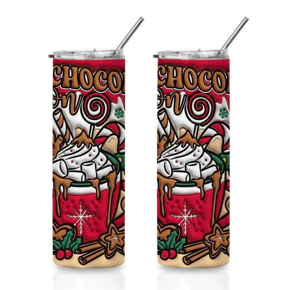 Christmas Hot Chocolate Skinny Tumbler with Straw, Gingerbread & Candy Art, Double-Wall Vacuum Insulated Leak-Proof Stainless Steel Coffee Mug