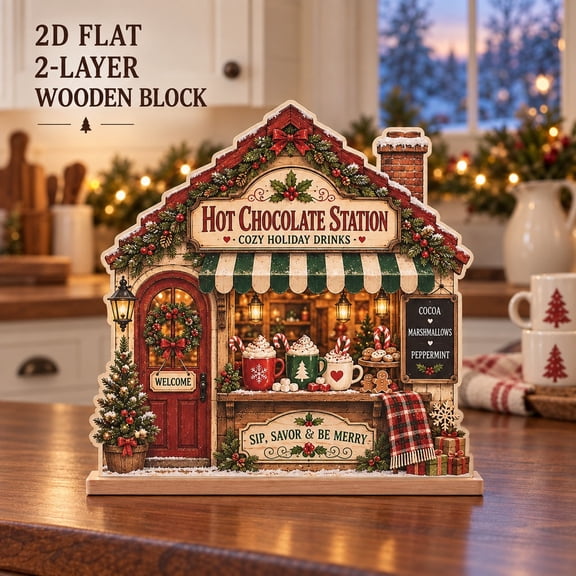 Christmas Hot Chocolate Station Wooden Block for Holiday Countertop Decor