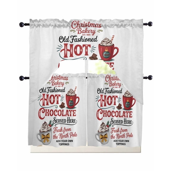 Christmas Hot Chocolate Swag Curtains for Living Room/Bedroom Windows, Winter Cocoa Vintage Kitchen Curtains and Valances Set 36 Inch Length, Light Filtering Swags Valance Curtain Panels
