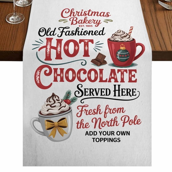 Christmas Hot Chocolate Table Runner 36 Inches Long, Cotton Linen Table Runner Dresser Scarf, Winter Cocoa Vintage Short Fabric Tablerunners for Dining Coffee Tables Wedding Holiday Party 13"x36"