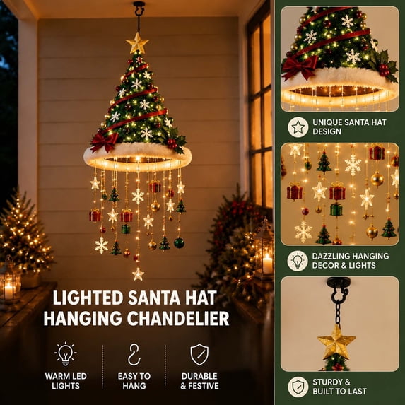Christmas Hot! Christmas Tree and Santa Hat Shaped Hanging Light, Festive Holiday Decoration Light for Window Doorway Porch Yard, Durable Plastic Christmas Ornament for Home Party Decor