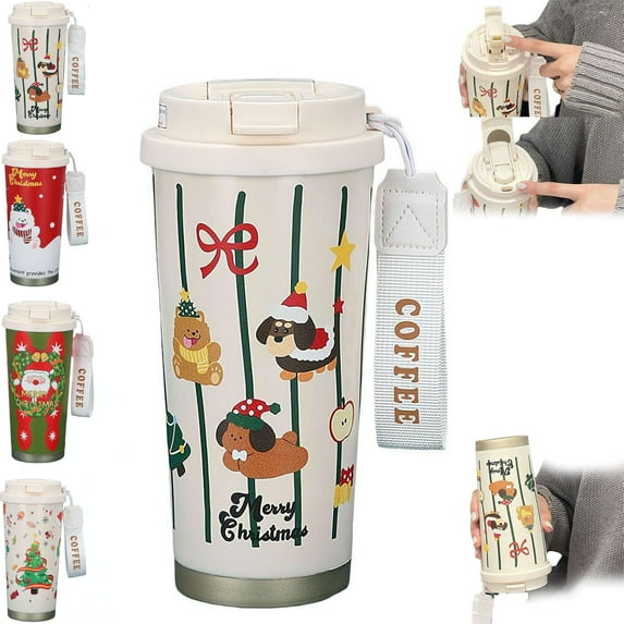 Christmas Hot Cocoa Coffee Cups with Lids,16.9oz Insulated Travel Tumbler Stainless Steel With Tea Strainer,Reusable Coffee Mug for Cold/hot Beverage Hot Chocolate for Xmas Holiday Party Supplies(D)