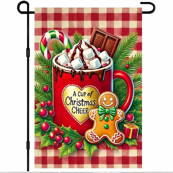 Christmas Hot Cocoa Garden Flag Double Sided Gingerbread Candy Cane Holly Berry Cup Design 12x18 Winter Outdoor Yard Lawn Porch Patio Seasonal Banner