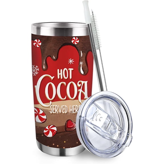 Christmas Hot Cocoa Served Here Tumbler with Lid and Straw, Xmas Peppermint Candy Snowflake Stainless Steel Travel Coffee Cup, 20oz Winter Holiday Double Wall Vacuum Insulated Mug Christmas Gift