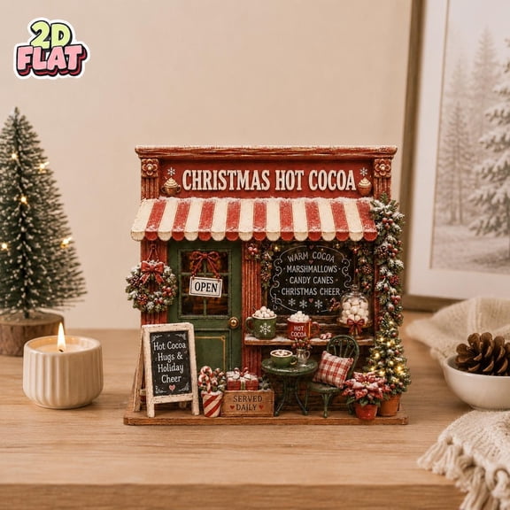 Christmas Hot Cocoa Shop Wooden Block Decor, Holiday Cocoa Stand Shelf Sitter, Christmas Tiered Tray Decor, Rustic Christmas Gift, 2D Print