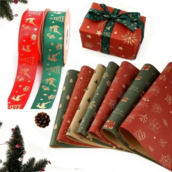 Christmas Hot Sales! Christmas Wrapping Paper Jumbo Rolls Christmas Wrapping Paper (19.6x27.5in)，  Red and Green Christmas Ribbon for Gift Wrapping Satin Ribbons (22m Length and 25mm Wide)，for Gift W